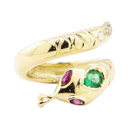 0.66 ctw Emerald, Ruby, and Diamond Snake Ring - 14KT Yellow Gold