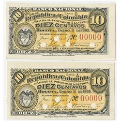 Banco Nacional De La Republica De Colombia, 1893 Proof Banknote Pair.