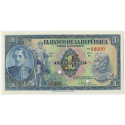 Banco de la Republica, 1944, 1 Peso Oro Specimen Banknote.