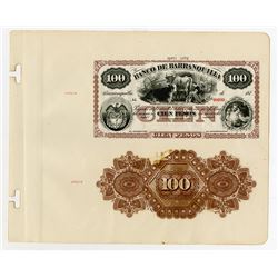 Banco De Barranquilla 1873 Proof Face & Back Banknote On Presentation Sheet.