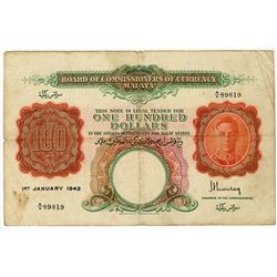 Board of Commissioners of Currency Malaya, 1942, $100 Issue Banknote.
