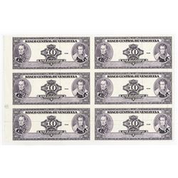 Banco Central de Venezuela, 1986-95 10 Bolivares Unlisted Production Proof Sheet of 6 Notes with Sec