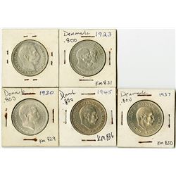 Denmark, 1912-1945, Quintet of Silver 2 Kroner Coins.