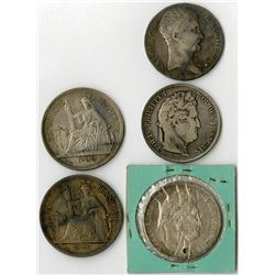 France & French Indo-China, 1806-1900, Quintet of Silver Coins.