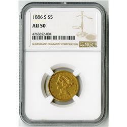 U.S. $5 Liberty Gold. 1886-S Liberty Head Half Eagle. AU 50 (NGC).