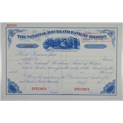 National Rockland Bank of Boston 1900-20 "Santa Claus" Specimen Stock Certificate