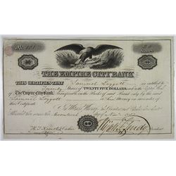 Empire City Bank, 1852 I/U Stock Certificate.