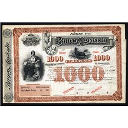 Banco Agricola Specimen, ca.1880's Specimen Bill of Credit/Bond.