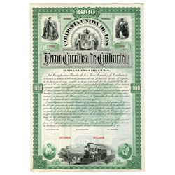 Compania Unida de los Ferro-Carriles de Caibarien, 1892 Specimen Coupon Bond.