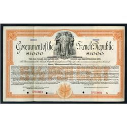 Government of the French Republic 1917 Specimen Bond