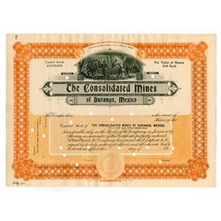 Consolidated Mines of Durango, Mexico, 1907 Specimen Stock Certificate.