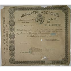 Deuda Publica de Espana, 1851 (1861 written in pencil) Proof Bond From Perkins-Bacon Archives.