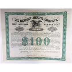 El Capitan Mining Co. 1882 Coupon Bond.