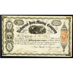 Richmond Iron Mining Company of Staten Island, 1866 I/U Stock Certificate.