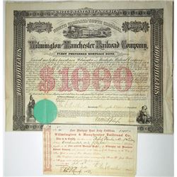 Wilmington and Manchester Railroad Co., 1866 & 1867 Pair of Issued Bonds