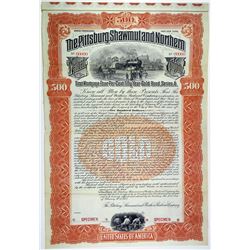 Pittsburg, Shawmut & Northern Railroad Co. 1902 Specimen Bond Pair.