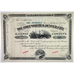 Fort Worth & Denver City Railway Co. 1880's Specimen Stock Certificate