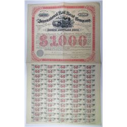 International Rail Road Co. of Texas, 1874 Issued Bond Signed by Galusha Grow as President.