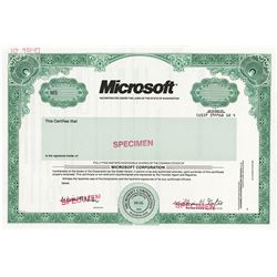 Microsoft, 1993 Specimen Stock Certificate with William H. Gates Facsimile Signature.