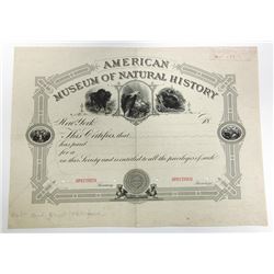 American Museum of Natural History 1883 Specimen Membership Certificate.