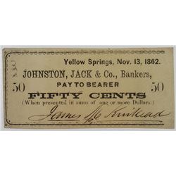 Johnston, Jack & Co., 1862 Issued Obsolete Scrip Note.