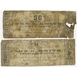 John B. Smith. 1861. Pair of Obsolete Currency Scrip Notes.