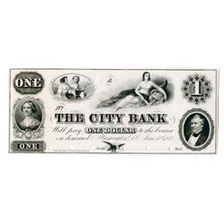 City Bank, 1852 Proof $1 Obsolete Banknote.