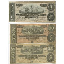 C.S.A. 1864 Banknote Trio.