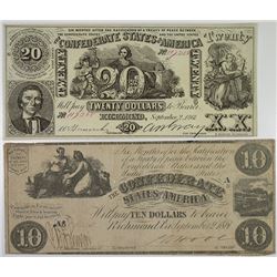 C.S.A., 1861, $10 and $20 Banknote Pair.