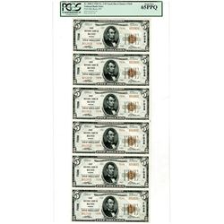 NV. First National Bank in Reno, $5 Uncut Sheet of 6 Notes, 1929 T2, Fr.# 1800-2, CH# 7038, PCGS Gem
