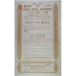 United States Government 4% Loan, Scrip for $100, 1895 Specimen Bond.