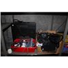 Image 1 : FIREPLACE, 3 IRONS, AND A BOX OF MISC ITEMS
