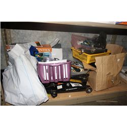 ASSORTED TOOLS, FLOOR JACK, INFLATABLE BED, AND MORE