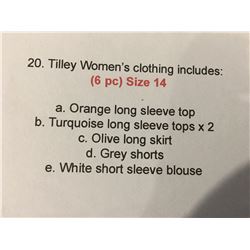 TILLEY WOMEN'S ASSTD CLOTHING (6 PC) (SIZE 14) INCLUDES: 3 X LONG SLEEVE TOPS/LONG SKIRT/SHORTS &