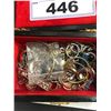 Image 2 : 3 JEWELRY BOXES WITH COSTUME JEWELRY, VINTAGE PICTURES AND STAMPS