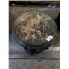 Image 1 : GLASSTOP COFFEE TABLE WITH CARVED LEGS, INLAYED DESIGN AND 4 STOOLS