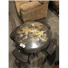 Image 2 : GLASSTOP COFFEE TABLE WITH CARVED LEGS, INLAYED DESIGN AND 4 STOOLS