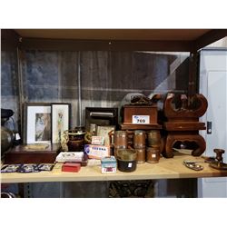 SHELF LOT OF COLLECTABLES, COPPER MUGS, COSTUME JEWELRY, STOOLS, WOODEN STORAGE BOXES AND MORE