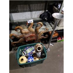 TIN WALL ART, BOX OF POTTERY AND STAND