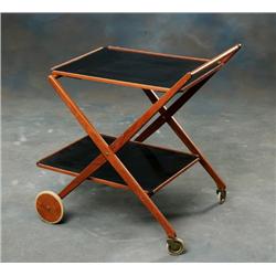 Serveringsvagn teak med löstagbara brickor i svart laminat 1950-60-tal H 73 L 69