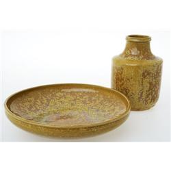 Henning Nilsson Höganäs skål + vas gul kristall 1984 diameter 28 H 19