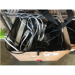 BOX OF ASSORTED CORDS, INTERNET MODEMS, REMOTES, POWER BARS, ELECTRONICS, ETC