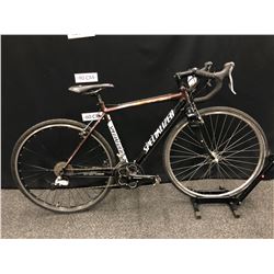 BROWN AND BLACK SPECIALIZED 27 SPEED ROAD BIKE WITH CLIP PEDALS AND SECONDARY BRAKE LEVERS, SMALL