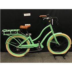 LIGHT GREEN MOTORINO 7 SPEED ELECTRIC ASSIST CRUISER BIKE WITH FRONT AND REAR DISC BRAKES, NO