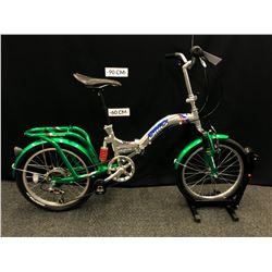 GREEN AND GREY DMO PHONAK 6 SPEED FULL SUSPENSION FOLDING BIKE, FRONT BRAKE NEEDS ADJUSTMENT