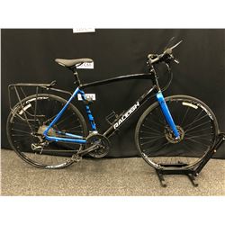 BLACK AND BLUE RALEIGH CADENT 27 SPEED HYBRID TRAIL BIKE WITH FRONT AND REAR HYDRAULIC DISC BRAKES