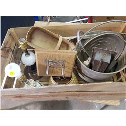 WOODEN CRATE  W/ CONTENTS (LAMPS, PAIL, ETC)