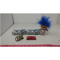 ASSORTED LOT- GOLF BALLS, TROLL, TOY CAR ETC.