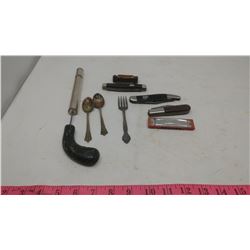 ASSORTED LOT- HARMONICA, POCKET KNIVES,ETC.