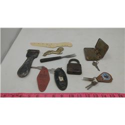 ASSORTED LOT- KEY HOLDER, LOCK, RAZORSTROP, ETC.